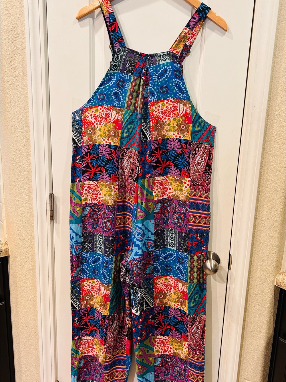 Multicolor Patchwork Print Women's Overalls Cotton with Pockets Size Large - Picture 4 of 10